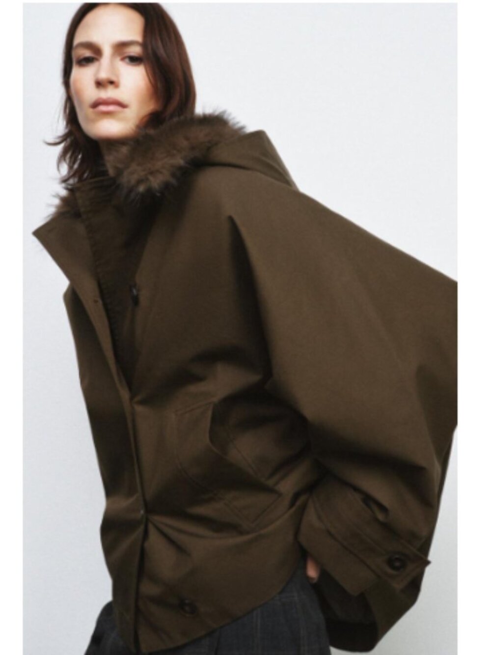 NWT HOODED PARKA WITH FAUX SHEEPSKIN COLLAR ZW COLLECTION SZ S Khaki